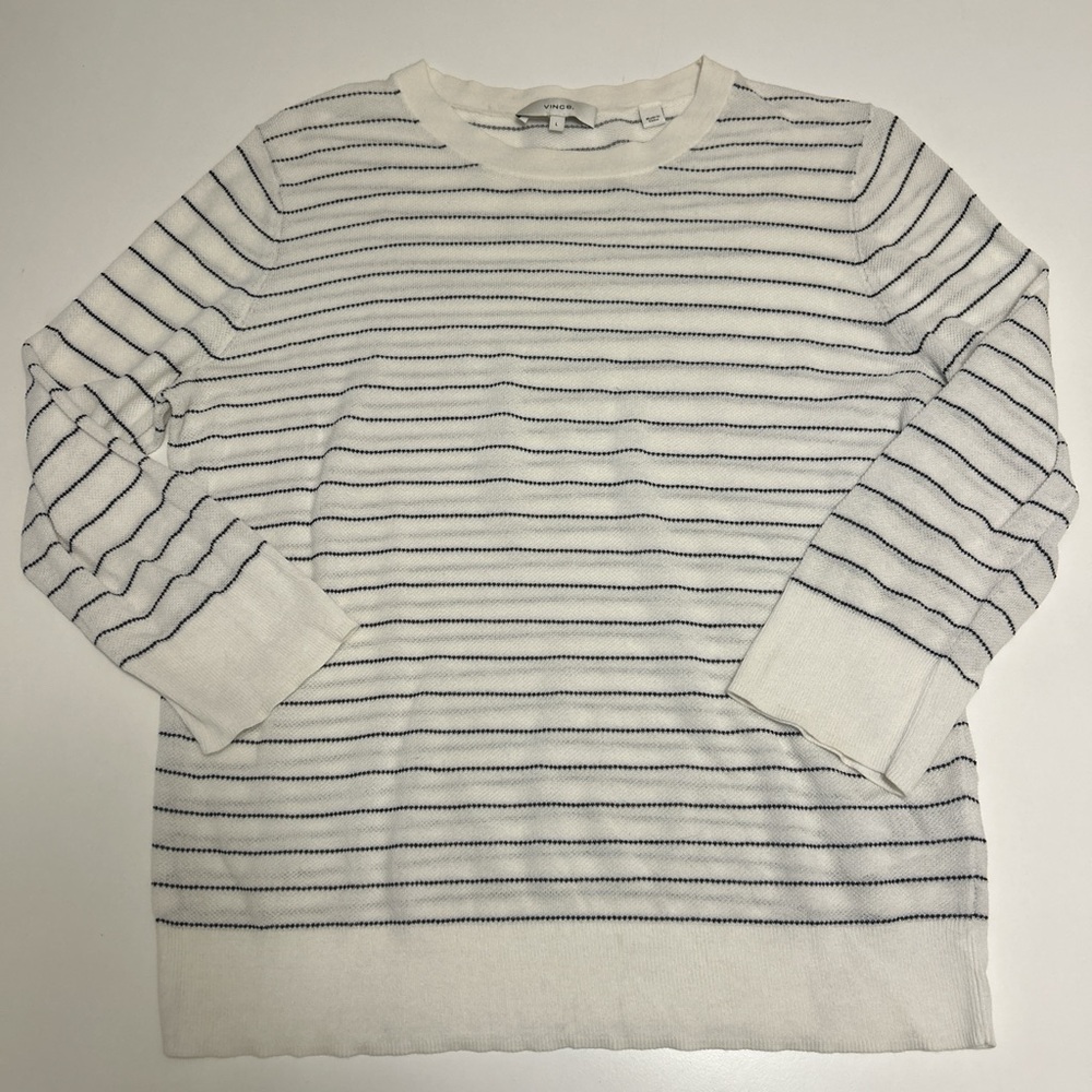 Vince women’s white and black striped long sleeve cotton crewneck top size Large